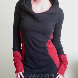 handmade long sleeved hooded tunic dress Black/Red color block sides